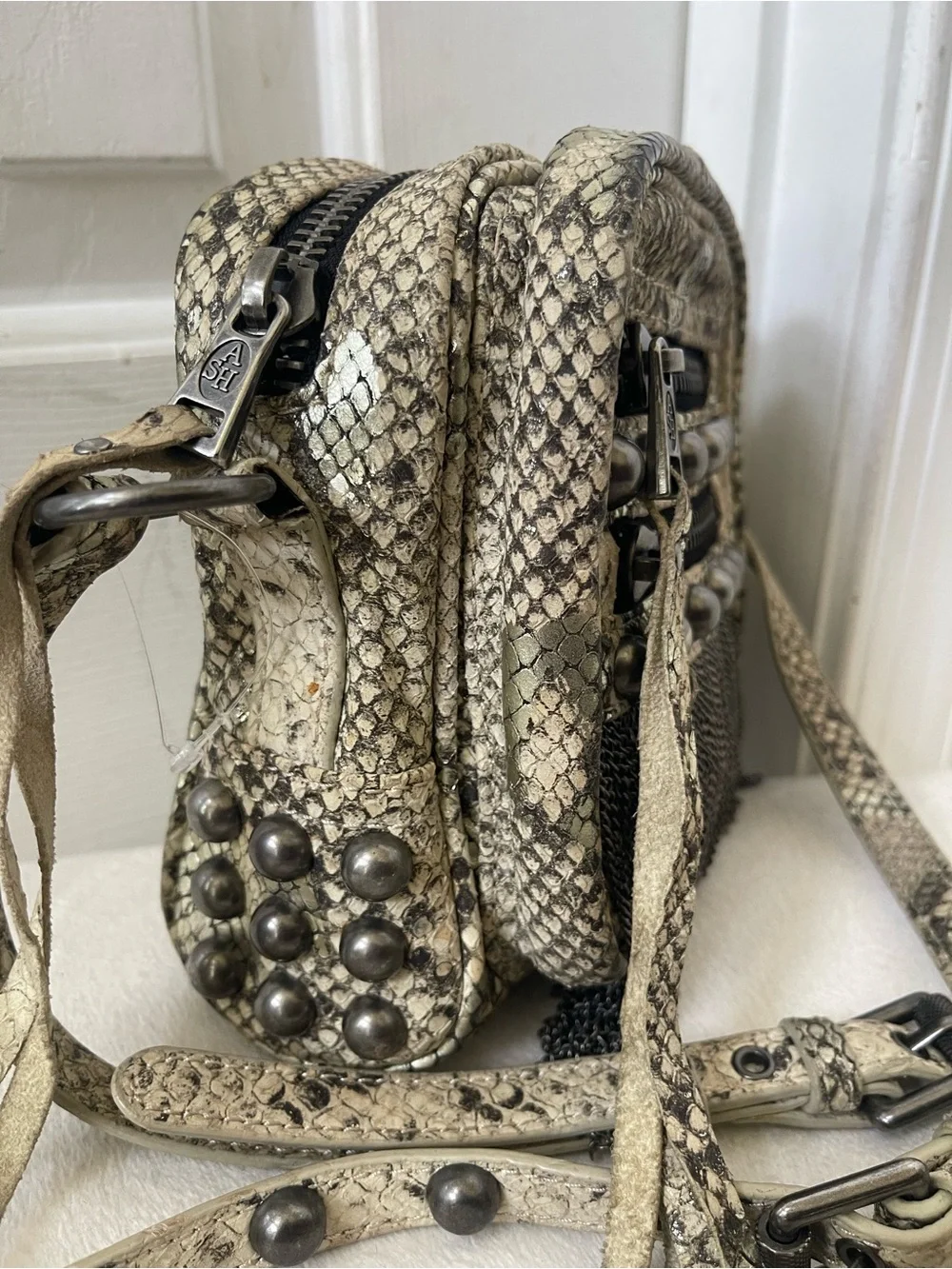 Ash Moxy Python Snakeskin print Leather Studded Crossbody Bag